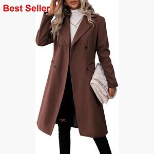 Long Double Breasted Pea Coat Slim Fit Wool Blend Winter Jacket